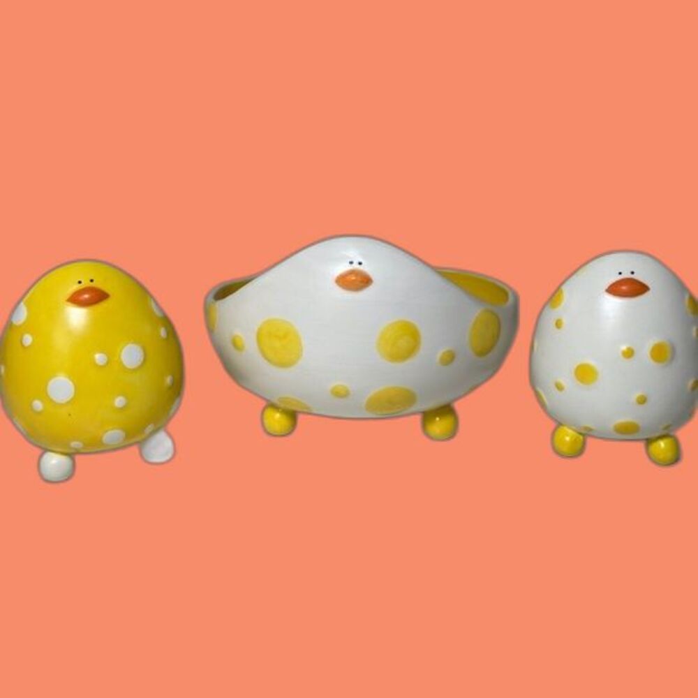 EASTER Ganz Set 3 Baby Chick Egg Cup Holder/Bowl Yellow/White PolkaDot Ganz NEW